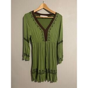 Boutique Womens Dress Size Large Green Floral Embroidered Beaded Babydoll Boho